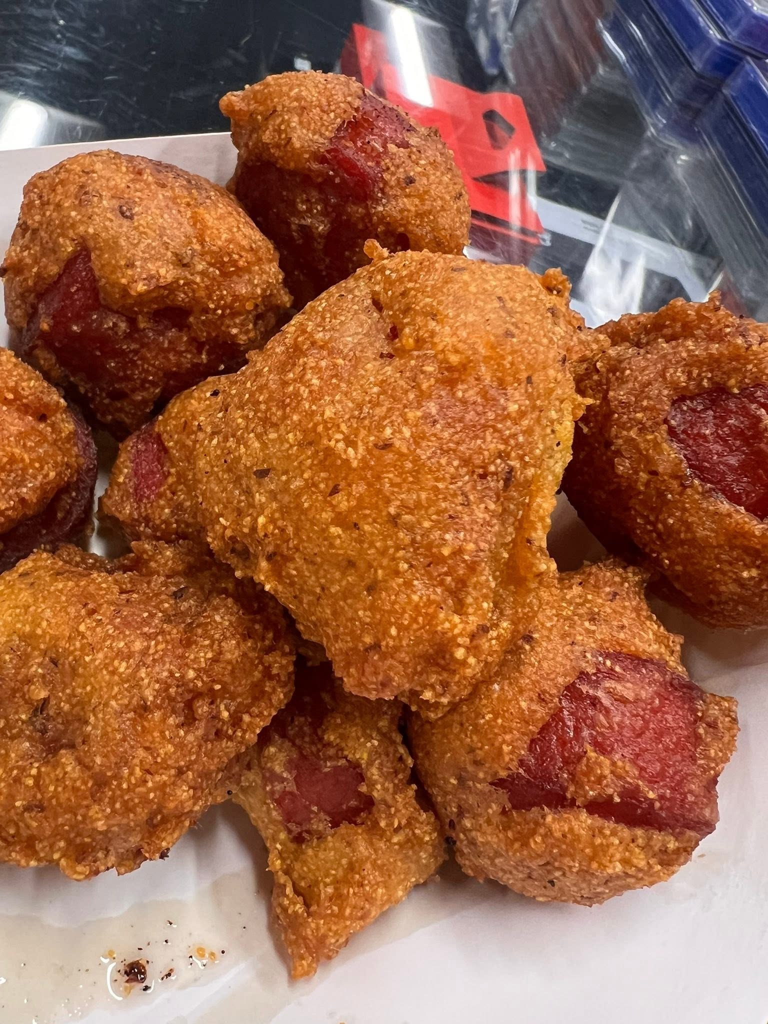 Basket of crispy corndog puppies from Donny's Dogs