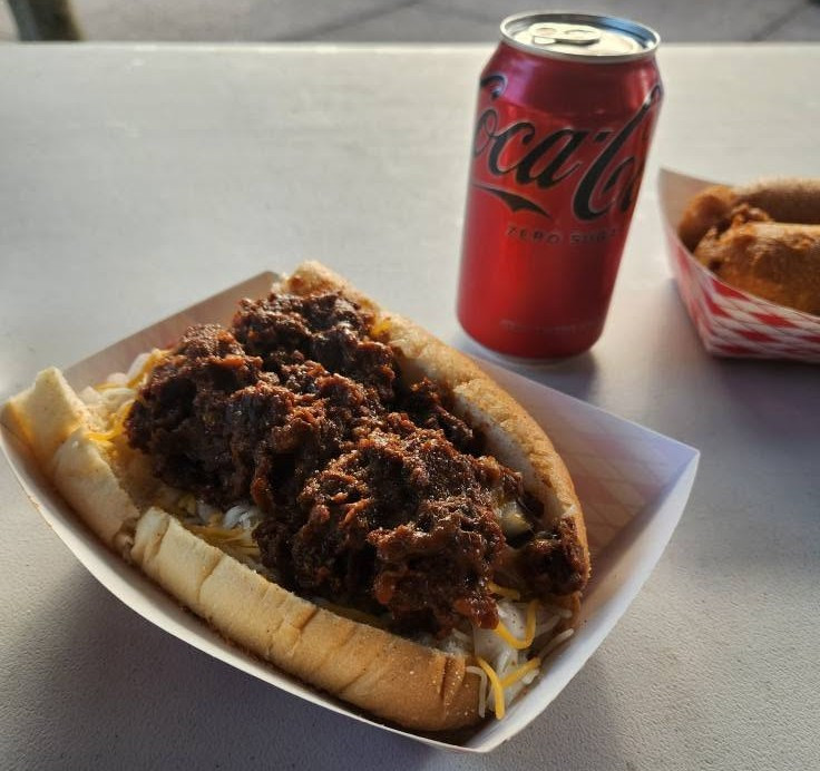 Sloppy Dog from Donny's Dogs loaded with chili and shredded cheese