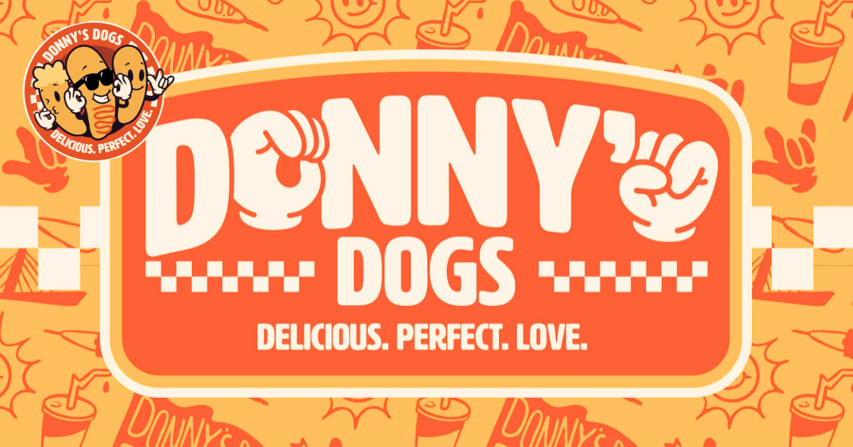 Donny's Dogs logo banner - Delicious. Perfect. Love.
